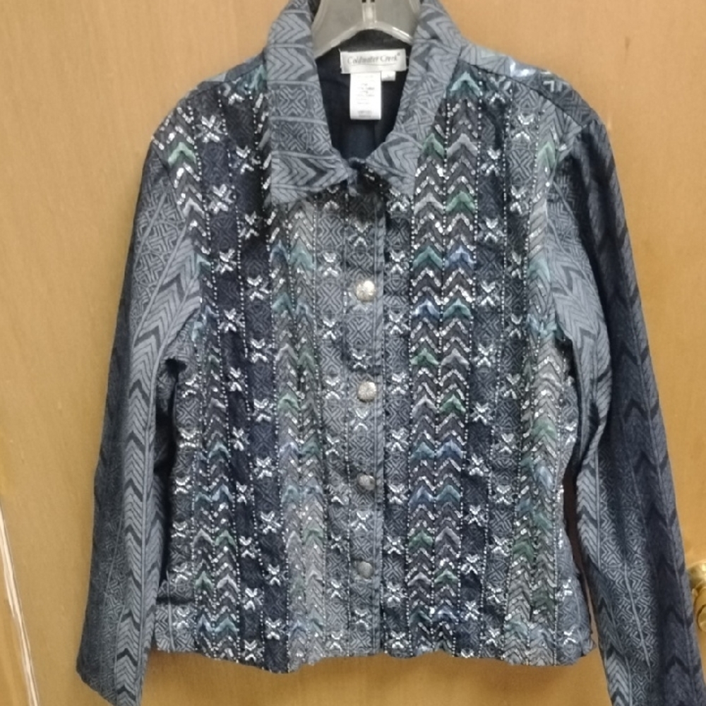 Vintage Coldwater Creek Blue Patterned Jean Jacket Size Small